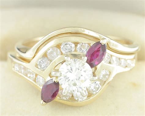 Vintage Diamond And Ruby Wedding Ring Set 14k 125 Cttw Vs1 Diamond Engagement Bridal Set