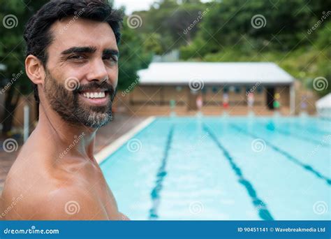 Smiling Lifeguard Standing Near Poolside Stock Image Image Of