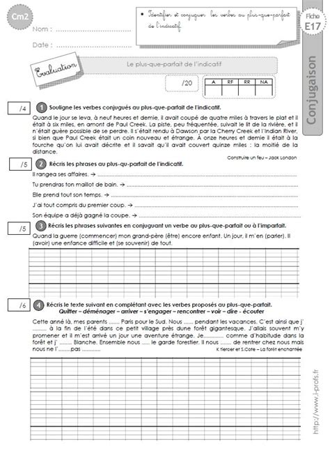 CM2:EVALUATION CONJUGAISON corrigés Le plus-que-parfait ...