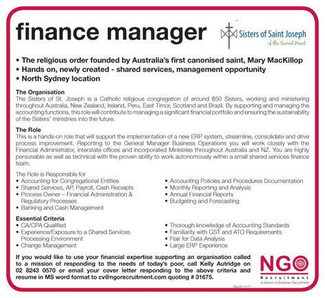 Finance manager resume samples with headline, objective statement, description and skills examples. NGO Recruitment | Finance Manager and Administration