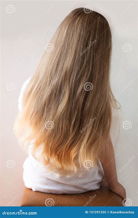 Cute Girl With Long Blond Hair Back View Of Little Girlie Looking On
