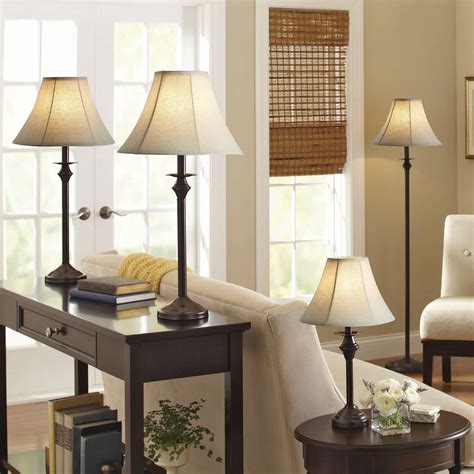 Living Room 4 Piece Lamp Set Floor Table Accent Lamps Leather Shade