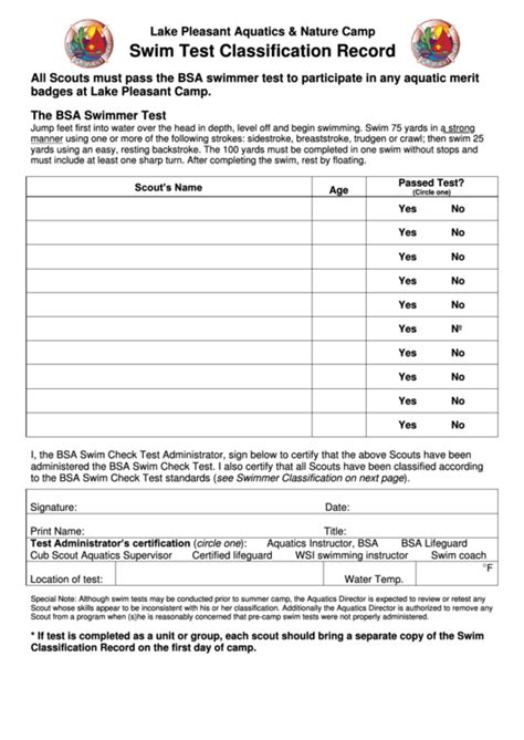 Swim Test Classification Record Printable Pdf Download