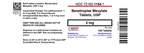 Benztropine Mesylate Tablets Usp 05 Mg 1 Mg And 2 Mg