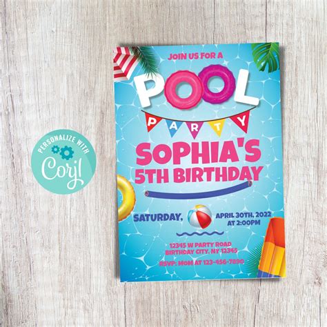 Girl Pool Party Invitation Editable Pool Party Birthday Etsy