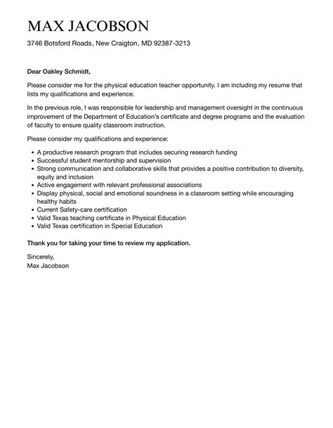 Physical Education Teacher Cover Letter Velvet Jobs