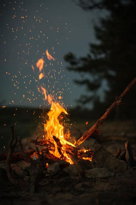 Fire Flame Lights Bonfire Campfire Dark Night Heat Firewood Rocks