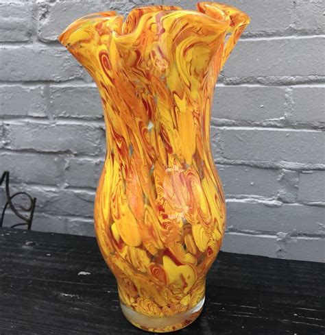 Italian Murano Art Glass Vase 11 75 Murrine Flared W Yellow Red And Orange Swirl Ebay Art