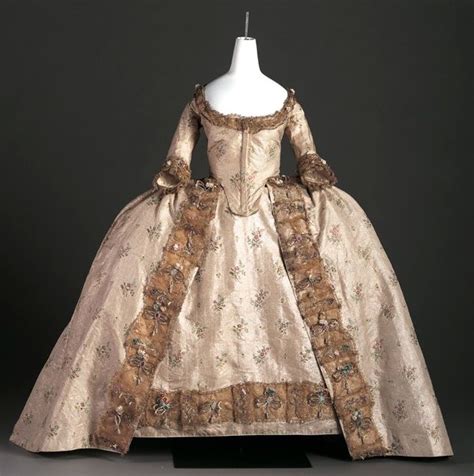 Court Gown C 1760 Silver Tissue Woven With Multi Colored Foil Flowers And Trimmed With Gold