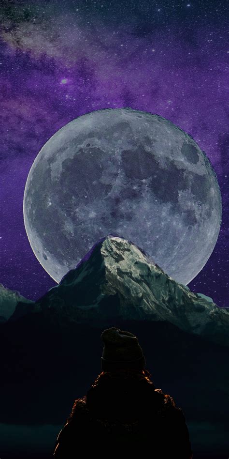 Download 1080x2160 Wallpaper Mountains Moon Silhouette Dark Night