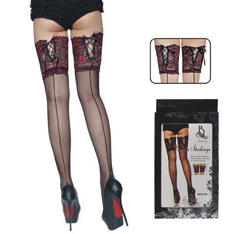 sexy cuban heel back seam stockings wide lace up hold silicone floral top thigh high cross
