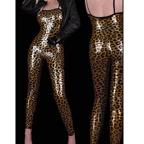 Sexy Leopard Faux Leather Jumpsuit Catsuit Club Wear Erotic Night Club Leather Lingerie In