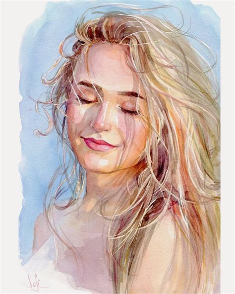 A Watercolor Painting Of A Womans Face With Her Hair Blowing In The Wind