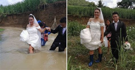 couple goes viral for crossing flood waters to get married but still have smiles on their faces