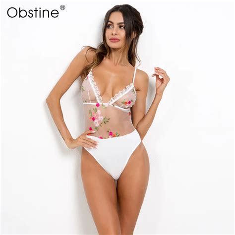 Obstine Sexy Lace Bodysuit Perspective Flower Embroidery Romper Women