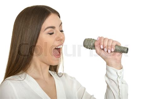 Happy Young Woman With Microphone Stock Image Colourbox