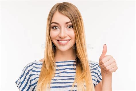 Cheerful Girl Showing Thumbs Up And Smiling Stock Photo Image Of