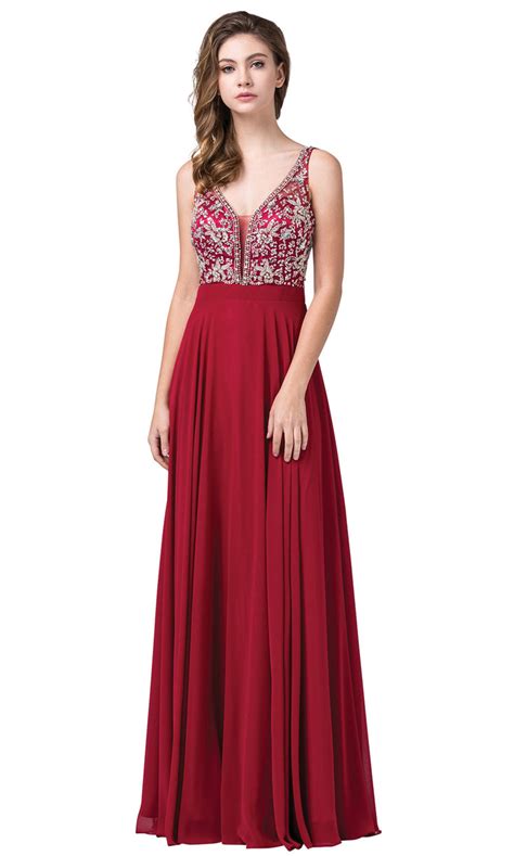 burgundy dancing queen 2669 sleeveless sheer deep v neck a line chiffon gown long a line