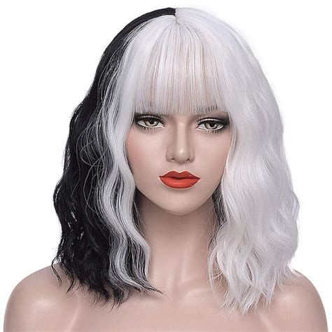 2021 cruella deville wig half black and white wigs short curly wavy bob hair women girl role