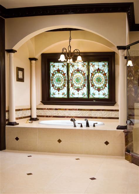 This stained glass panel window is a geometric abstract 12 1/2 x 12 1/2 inches with several different. Stained Glass Master Bathroom - Bathroom - Charleston - by Priester's Custom Contracting, LLC