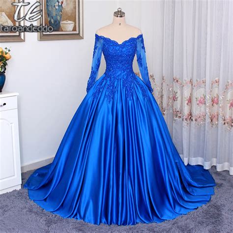 Off The Shoulder V Neck Royal Blue Ball Gowns Prom Dress Applique Lace Matte Satin Long Sleeves