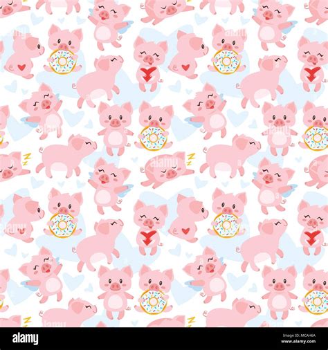 Vector Cartoon Style Seamless Pattern With Cute Pigs In Different Poses