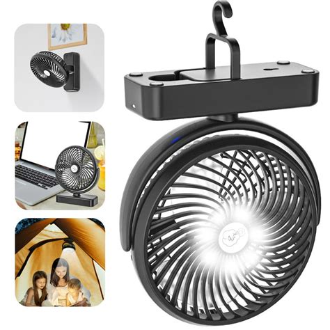 Camp Tent Fan With Led Light 10000mah Rechargeable Battery Operated