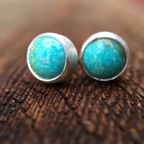 Natural Turquoise Stud Earrings Sterling Silver Mm Round