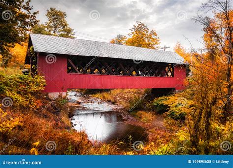 Vermont Covered Bridge Surrounded By Colorful Fall Foliage Stock Photo