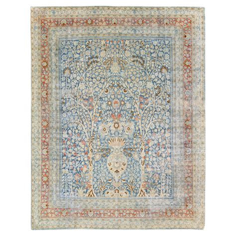 Antique Tabriz Blue And Rust Handmade Allover Pattern Persian Wool Rug