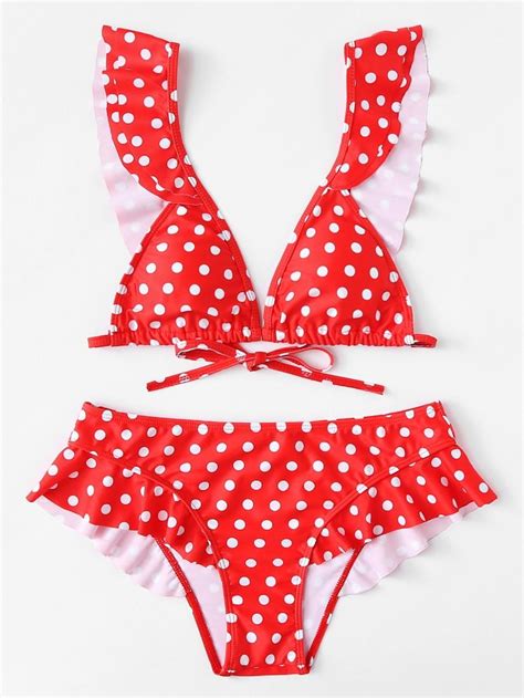 Polka Dot Ruffle Trim Bikini Set SheIn Sheinside Bikinis Cute Swimsuits Bikini Set