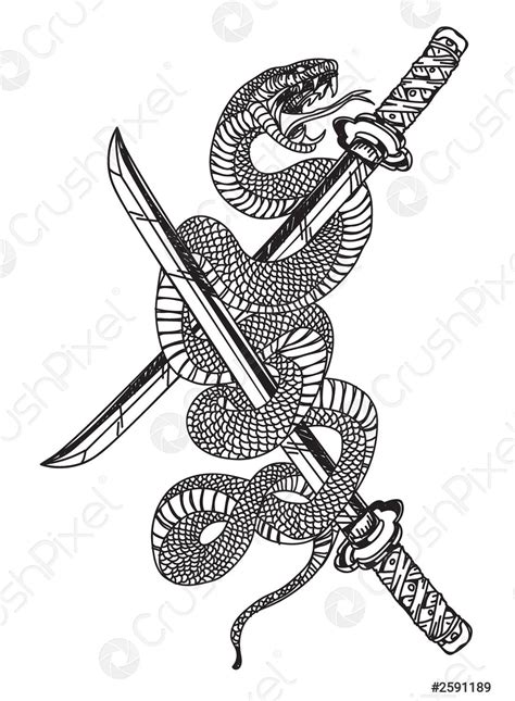 Hand Drawing Tattoo Snake And Sword With Line Art Illustration Stock