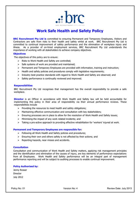 Employee Health And Safety Policy Template Template Walls
