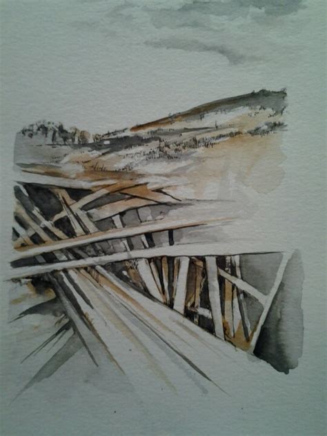 Watercolour And Ink Drawing Of Landscape Exposing The Underlying