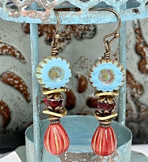 Bronze Silky Blue Picasso Czech Bead Red And Dark Coral Teardrops EBay