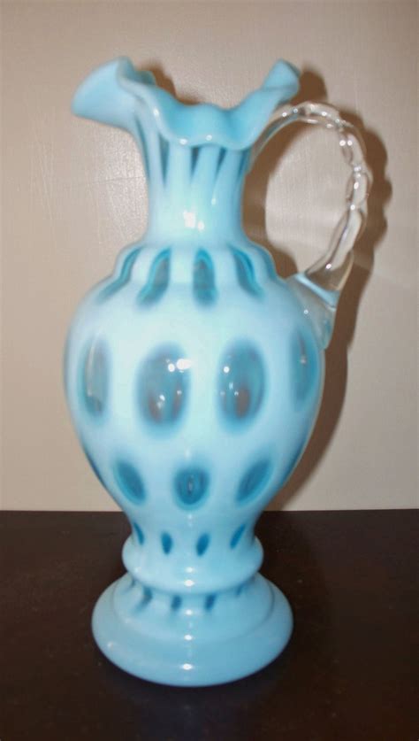 Vintage Fenton Blue Opalescent Coin Dot 9 Handled Ewer Etsy Glass Crafts Unique Vases