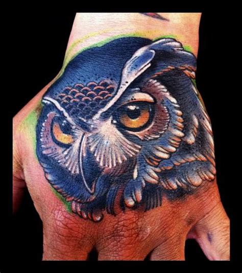 Owl Traditional Color Hand Tattoo Brent Olson Art Junkies Tattoo By