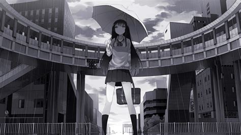 Anime Girls Anime Umbrella Rain Schoolgirl Long Hair