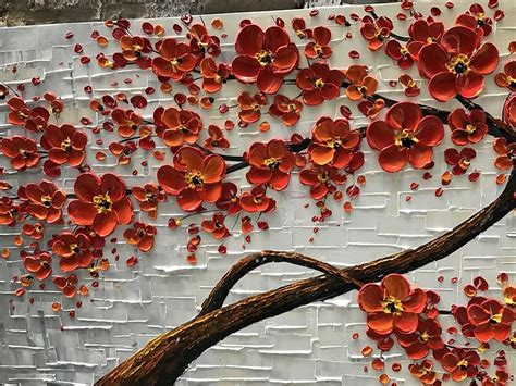 Hand Painted 3d Oil Painting Texture Palette Red Flowers Tree Oil