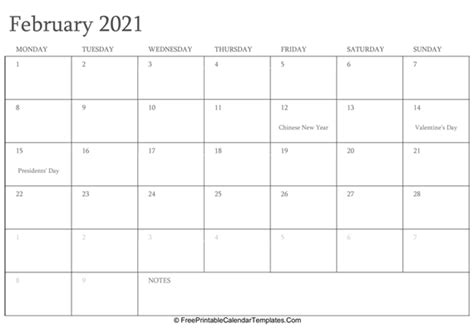 Design by 123 free vectors. February 2021 Editable Calendar with Holidays and Notes