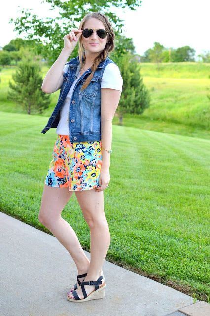 life style blog denim vest with floral shorts cool summer outfits cute summer outfits