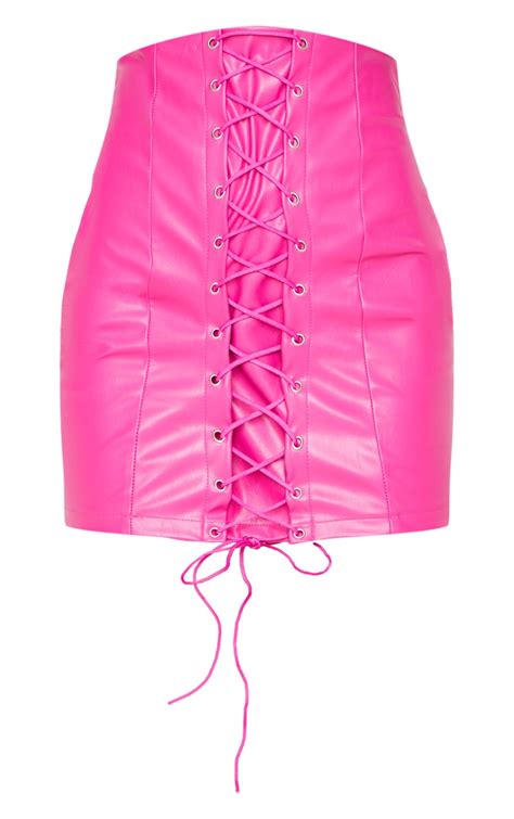 hot pink faux leather lace up mini skirt prettylittlething