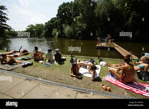 People Sunbathing At The Mixed Bathing Ponds In Hampstead Heath London During A Spell Of Hot