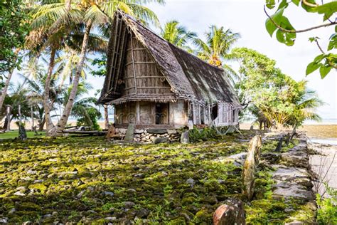 Traditional Thatched Yapese Men`s Meeting House Called Faluw Fale And A
