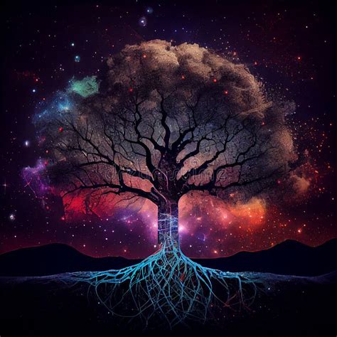 Magical Tree With Aura Lights Strong Roots Connected To The Earth