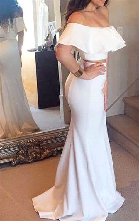 Macloth Mermaid Off Shoulder Two Piece Prom Dress Ivory Formal Evening