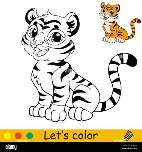 Cute Sitting Tiger Cartoon Character Tiger Coloring Book Page With