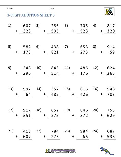 Math Worksheets For Adding Three Numbers