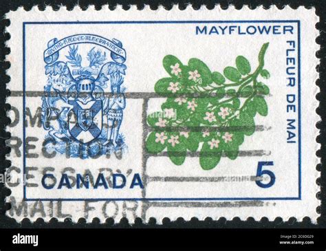 canada circa 1965 stamp printed by canada shows mayflower and arms of nova scotia circa