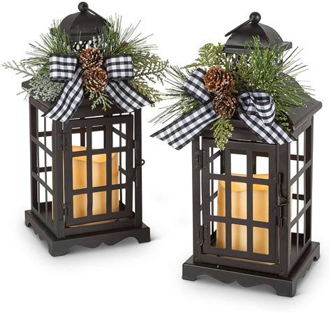 Set Of 2 Battery Operated Lighted Black Metal Holiday Lanterns With